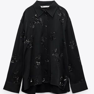 ZARA WOMAN GREY black SEQUIN EMBROIDERED SHIRT BLOUSE SIZE S